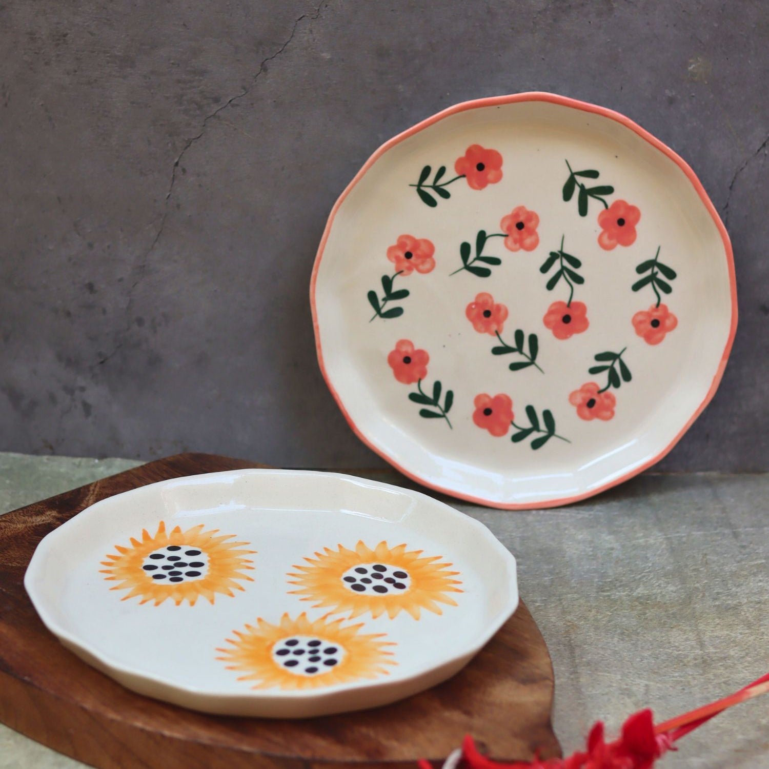 Handmade Set of 2 - Sunflower & Poppy Flower Snack plate combo