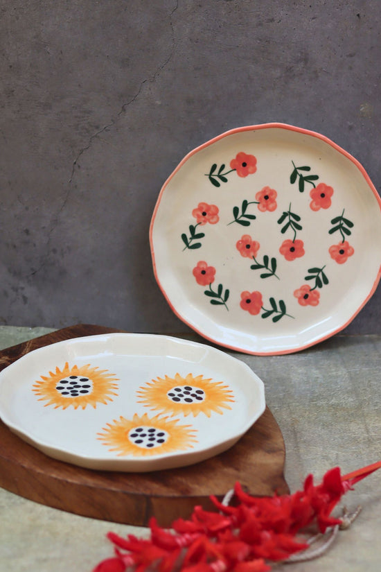 Handmade Set of 2 - Sunflower & Poppy Flower Snack plate combo