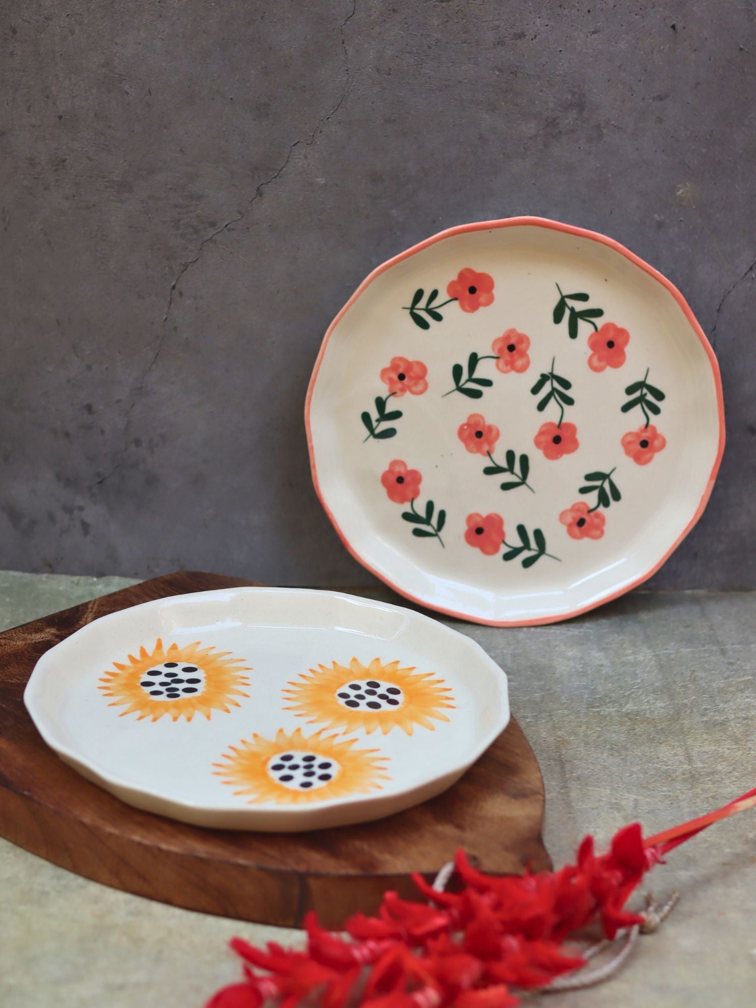Handmade Set of 2 - Sunflower & Poppy Flower Snack plate combo