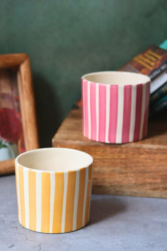 Set of 2 Striped Planter - Yellow & Magenta made by ceramic