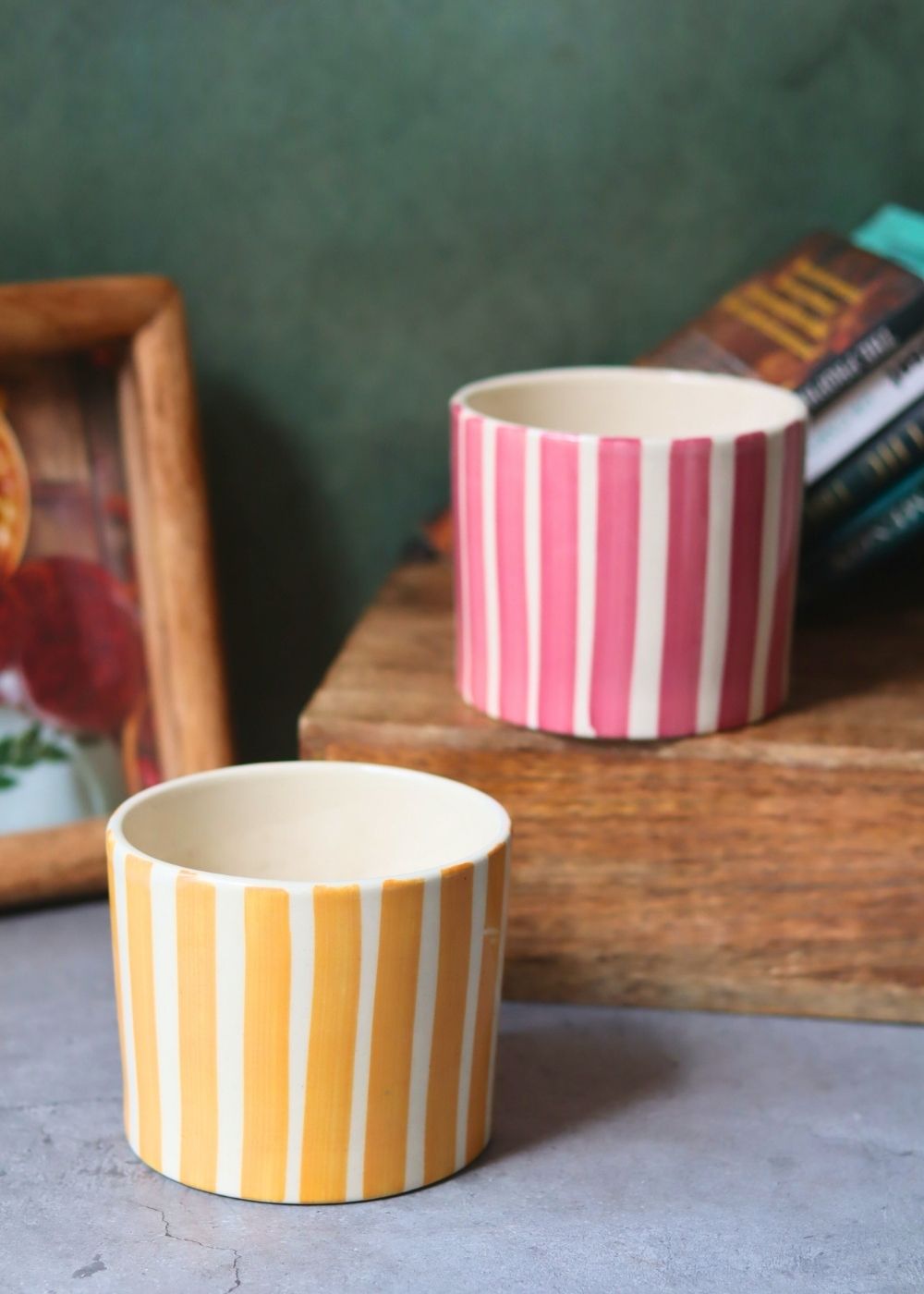 Set of 2 Striped Planter - Yellow & Magenta made by ceramic
