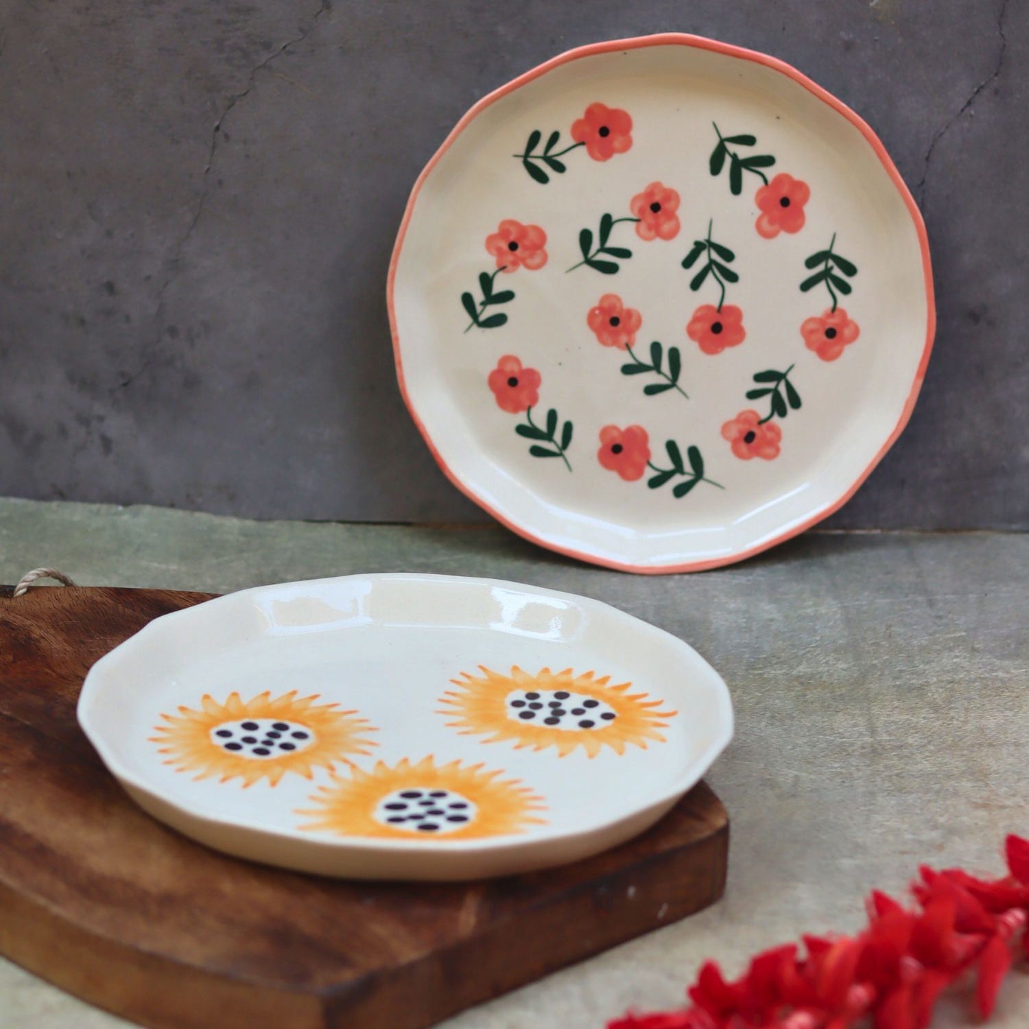 Set of 2 - Sunflower & Poppy Flower Snack plate combo made by ceramic