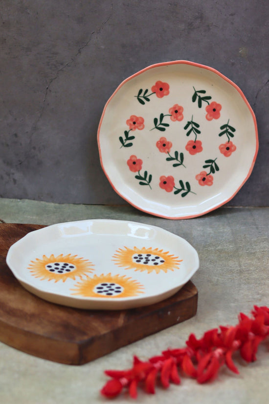 Set of 2 - Sunflower & Poppy Flower Snack plate combo made by ceramic