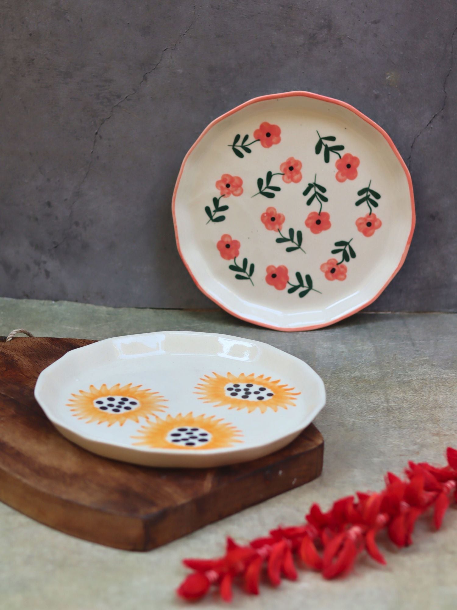 Set of 2 - Sunflower & Poppy Flower Snack plate combo made by ceramic