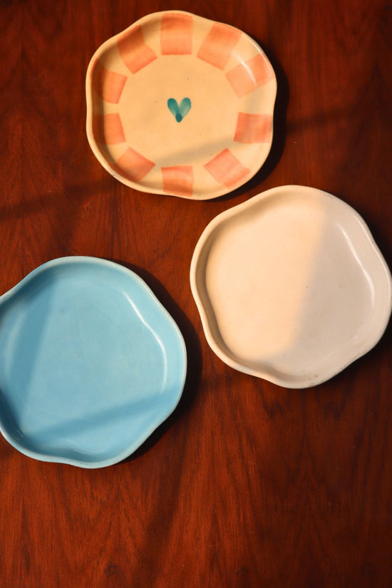 beautiful Ocean Blue, Striped Heart & White Handmade Dessert Plate - Set of 3