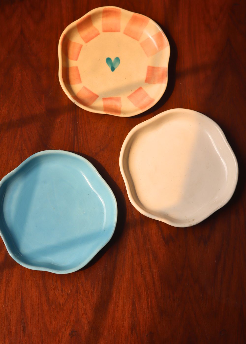 beautiful Ocean Blue, Striped Heart & White Handmade Dessert Plate - Set of 3