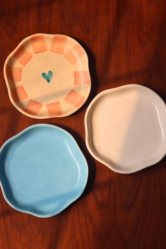 Ocean Blue, Striped Heart & White Handmade Dessert Plate - Set of 3 handmade in india