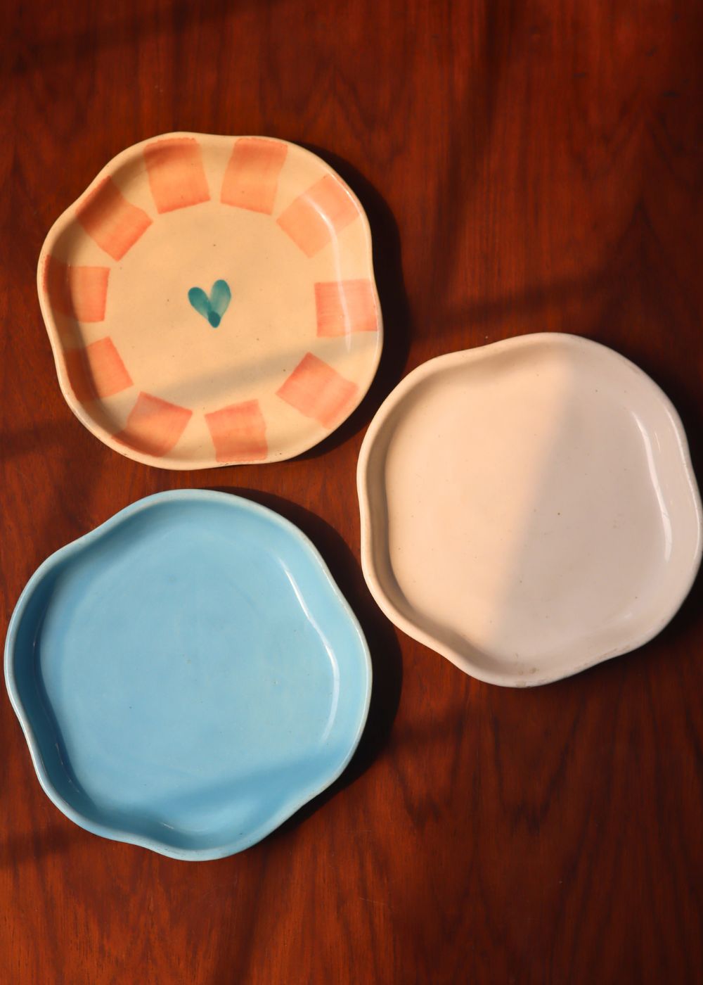 Ocean Blue, Striped Heart & White Handmade Dessert Plate - Set of 3 handmade in india