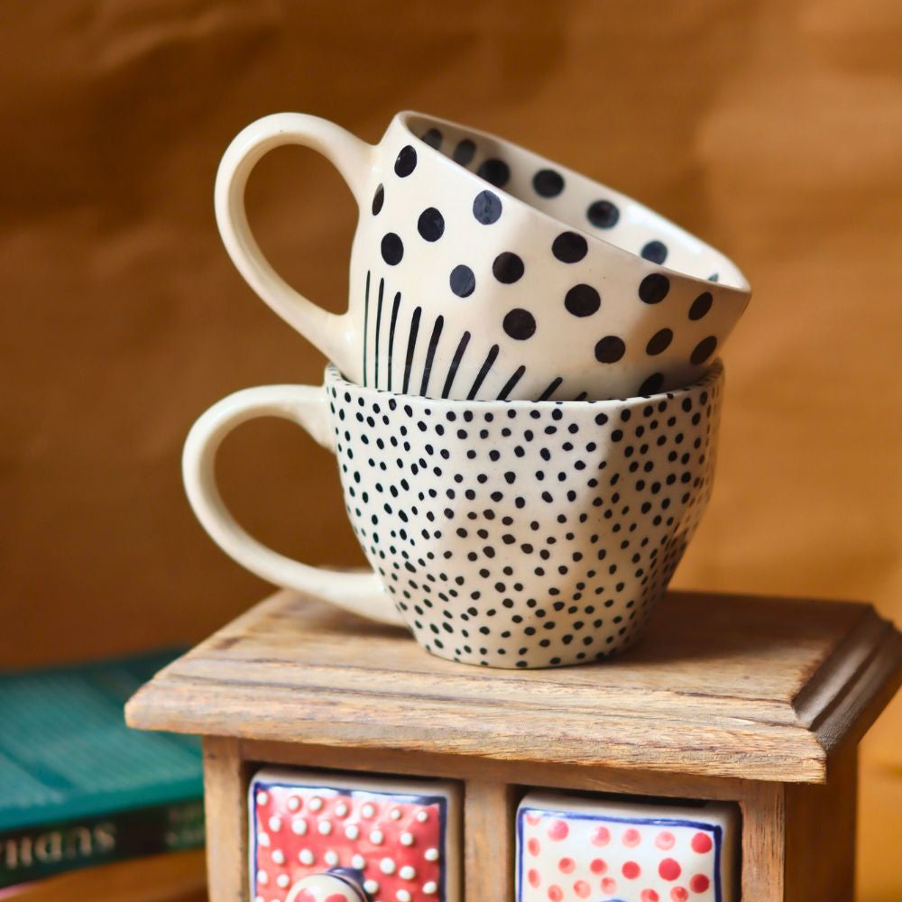 handmade Black Polka & Black lines meet Polka Mugs