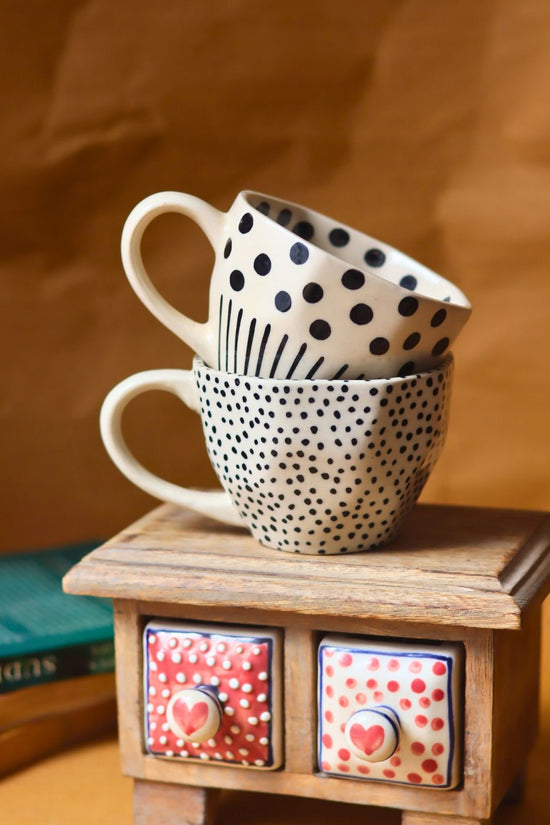 handmade Black Polka & Black lines meet Polka Mugs