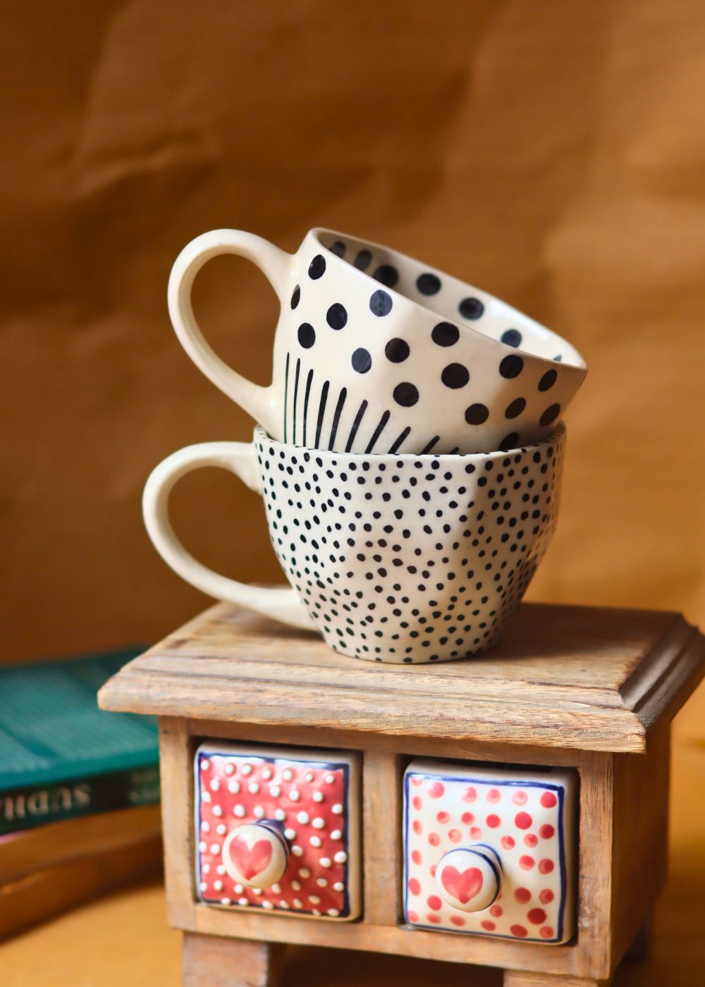 handmade Black Polka & Black lines meet Polka Mugs