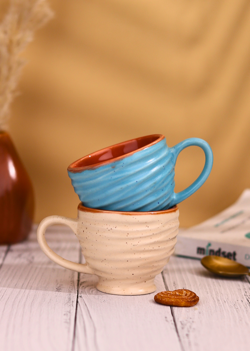 cream & sky blue torrent chai cups made by ceramic 