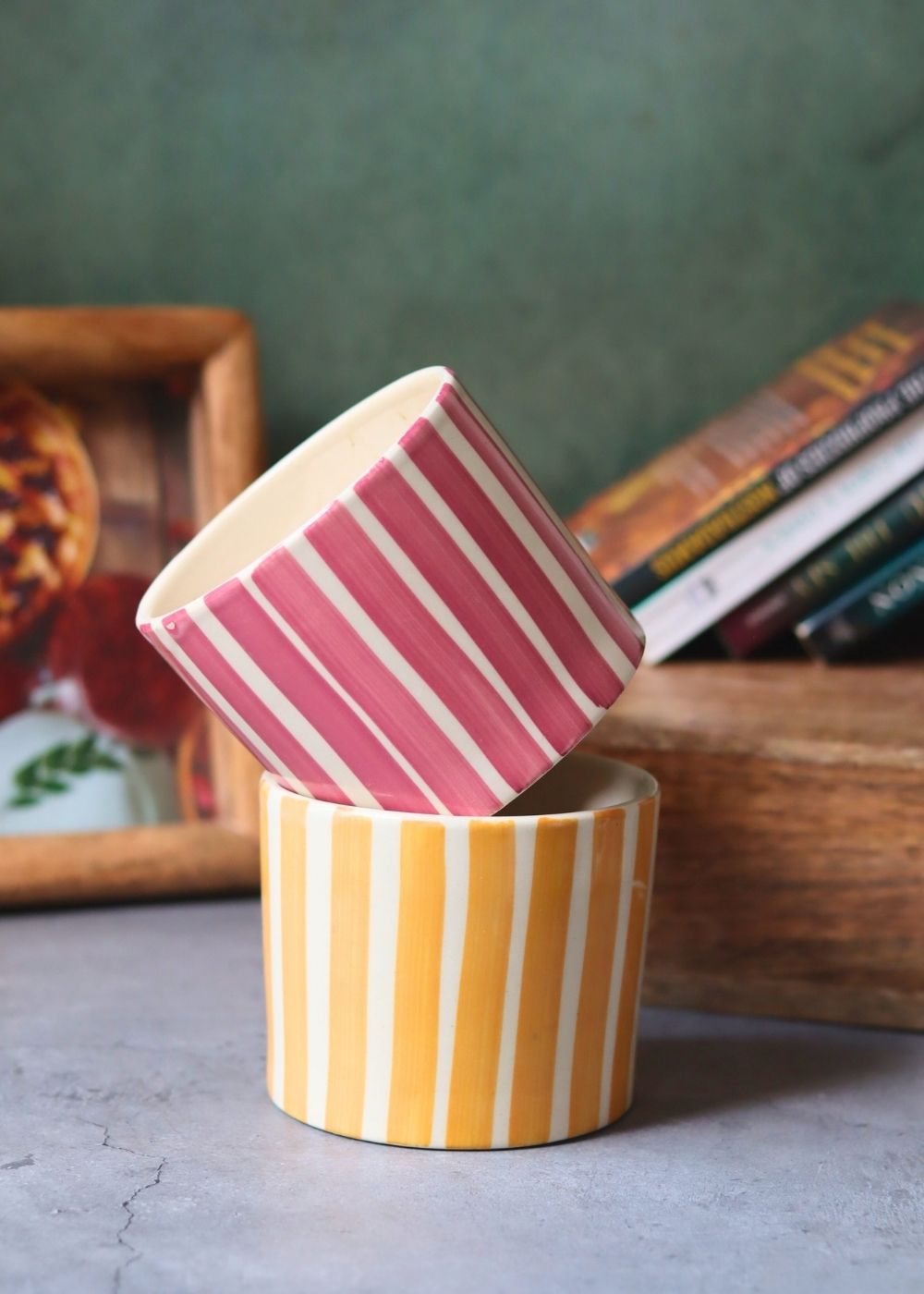 Set of 2 Striped Planter - Yellow & Magenta handmade in India