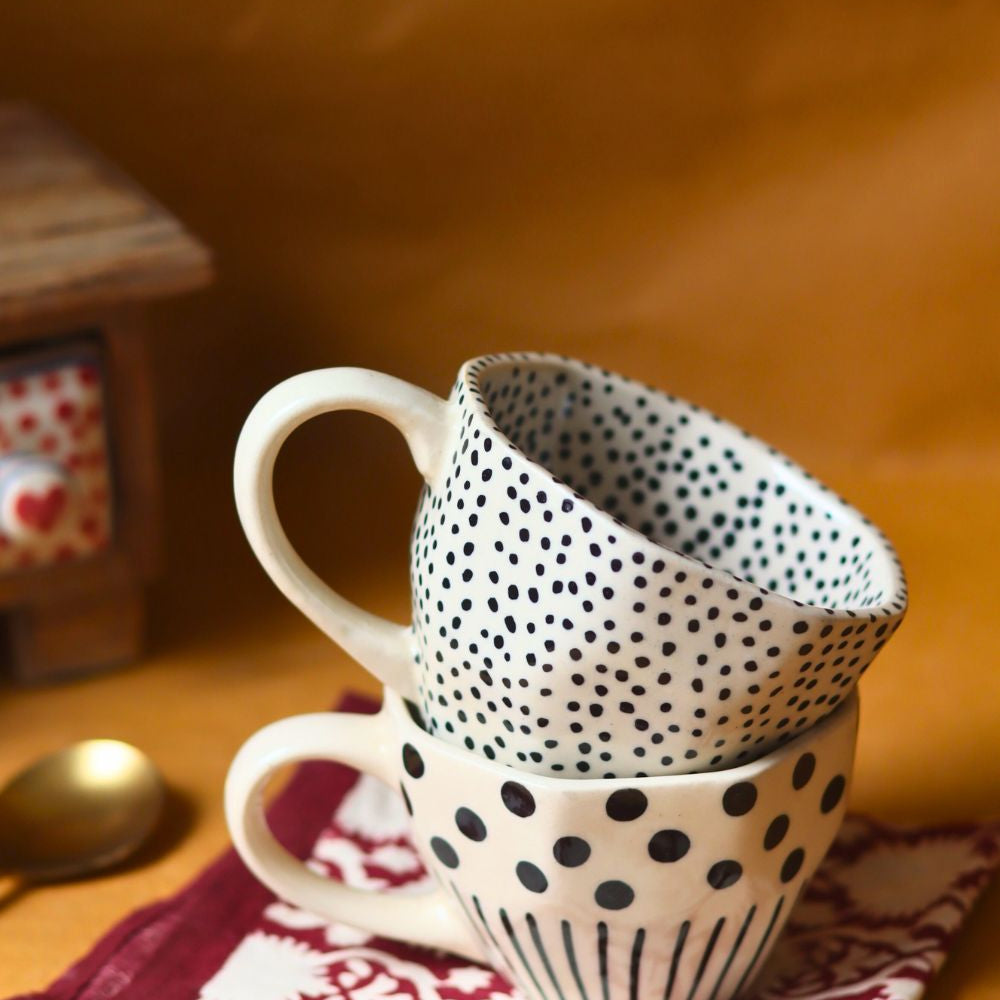 Black Polka & Black lines meet Polka Mugs made by ceramic