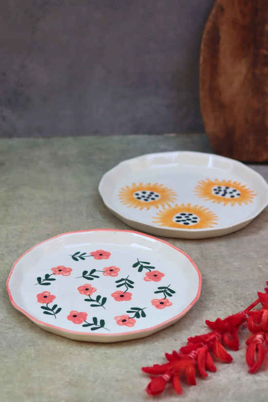 Set of 2 - Sunflower & Poppy Flower Snack plate combo handmade in India