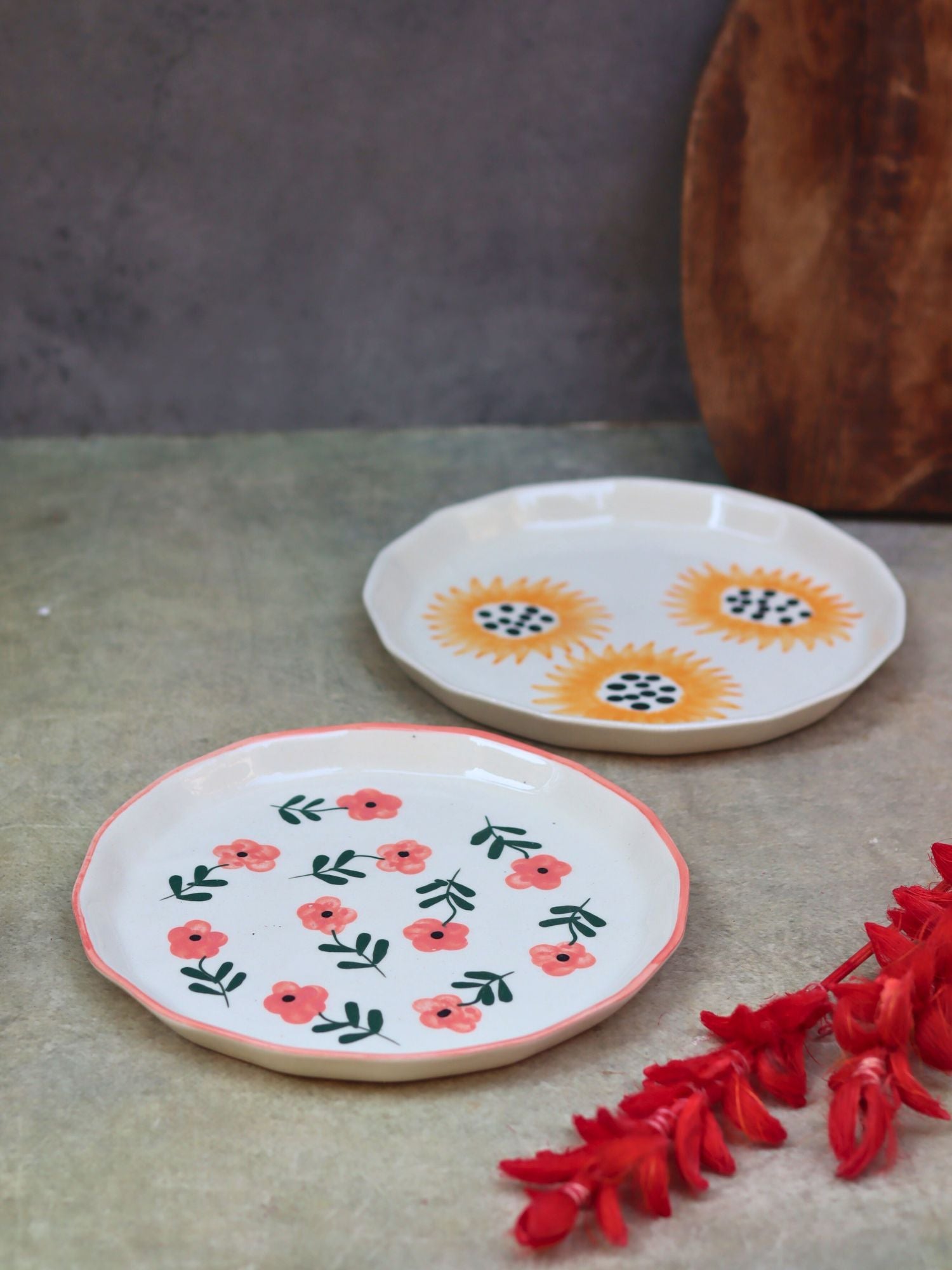 Set of 2 - Sunflower & Poppy Flower Snack plate combo handmade in India
