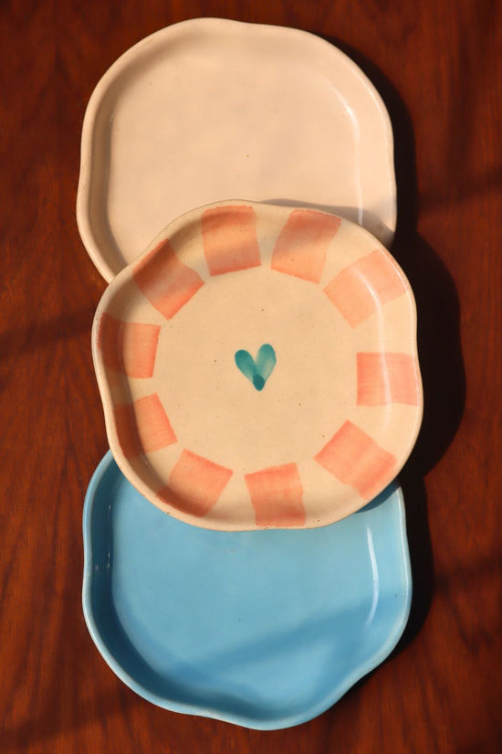 Ocean Blue, Striped Heart & White Handmade Dessert Plate - Set of 3 made by ceramic