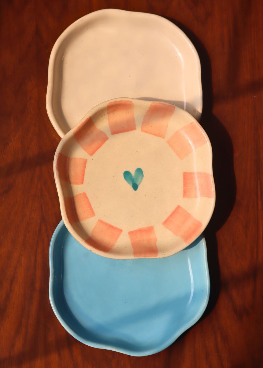 Ocean Blue, Striped Heart & White Handmade Dessert Plate - Set of 3 made by ceramic