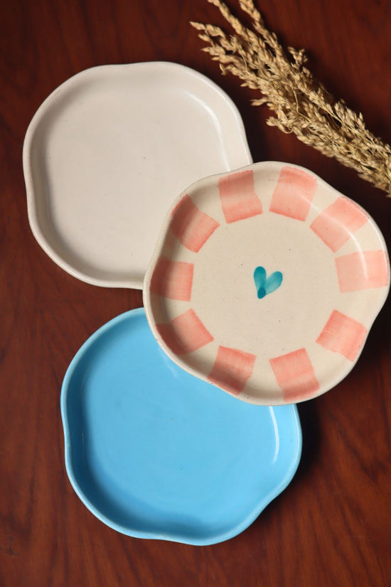 Ocean Blue, Striped Heart & White Handmade Dessert Plate - Set of 3 with premium quality material