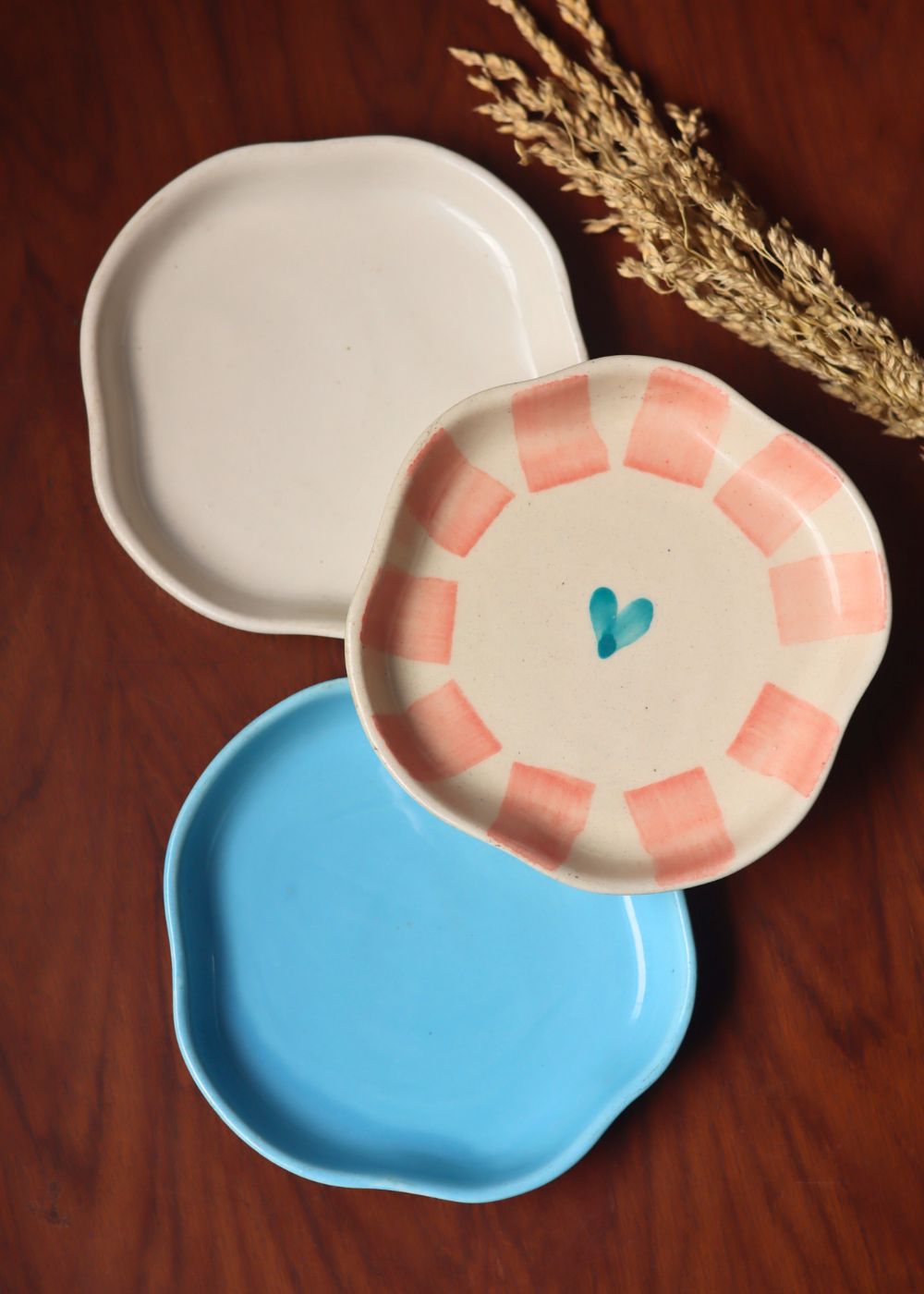 Ocean Blue, Striped Heart & White Handmade Dessert Plate - Set of 3 with premium quality material
