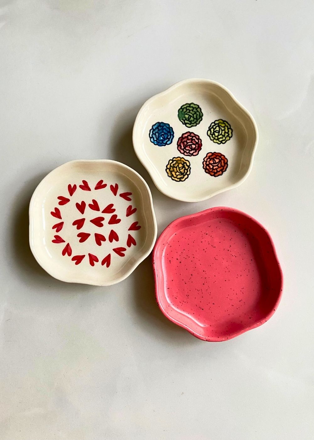 red, all heart & roses handmade dessert plates made by ceramic 