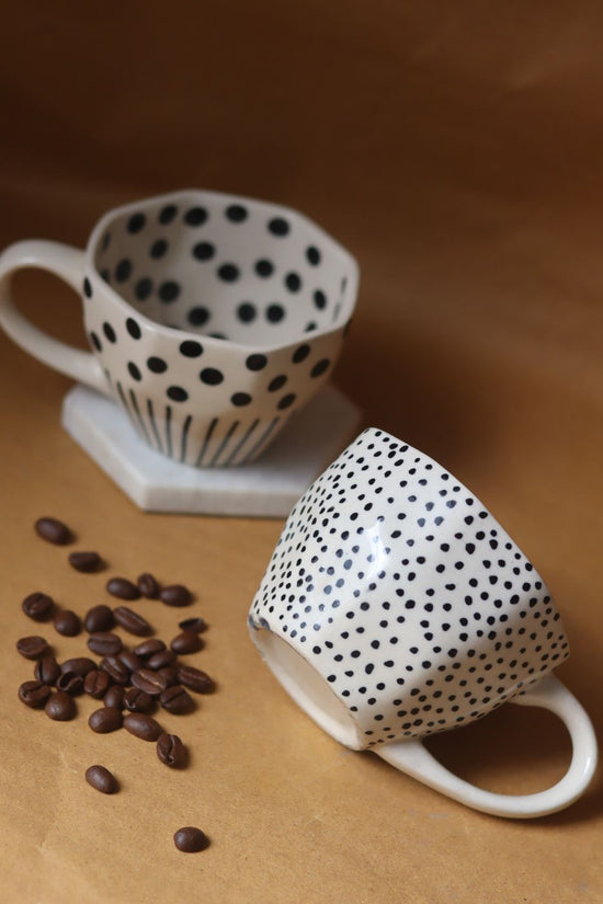 Black Polka & Black lines meet Polka Mugs handmade in India