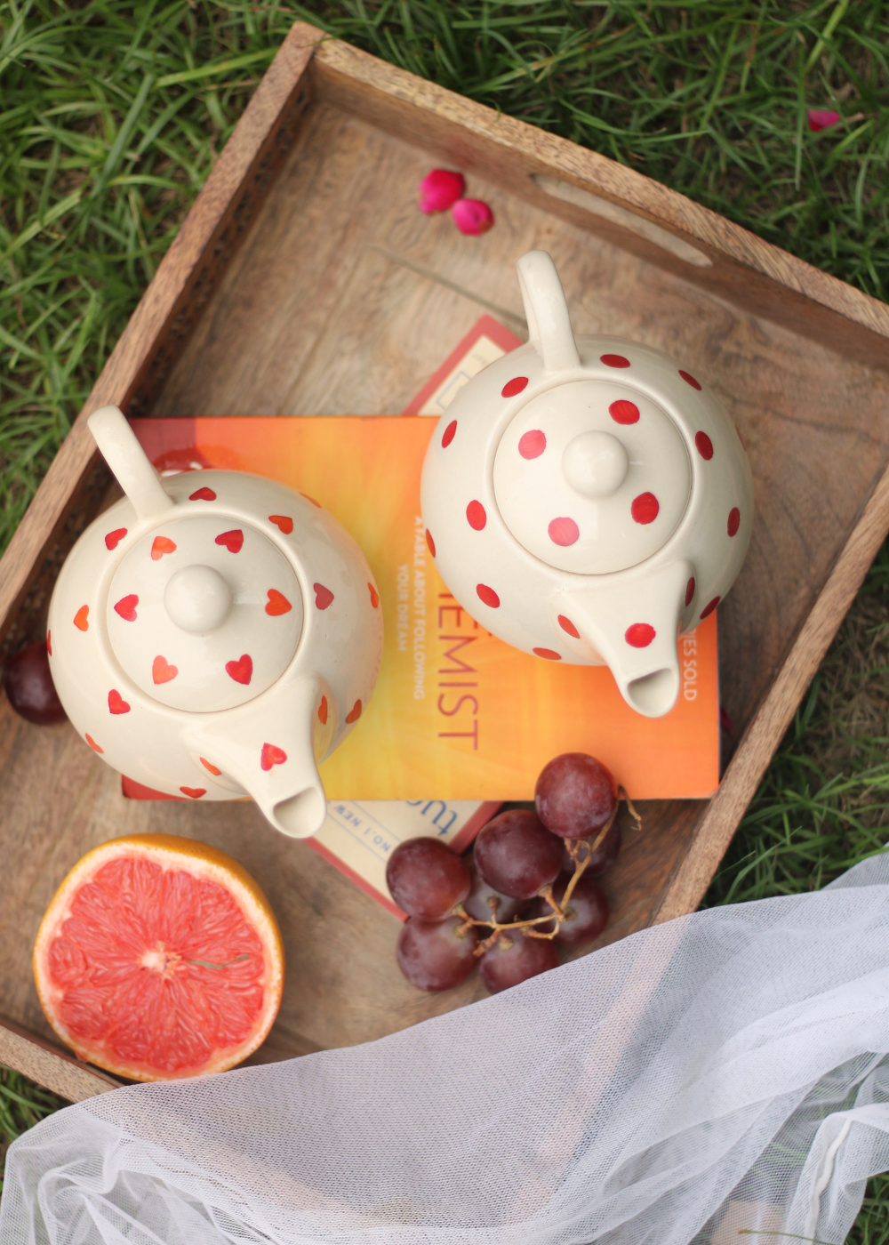 red polka & heart kettle with tea cup - tea for one