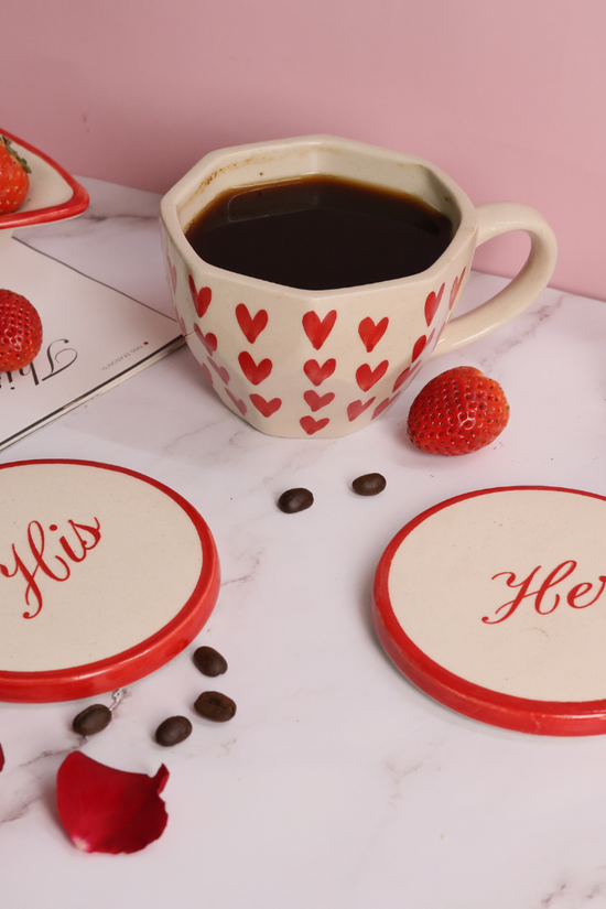 heart mug & his coaster made by pure ceramic 