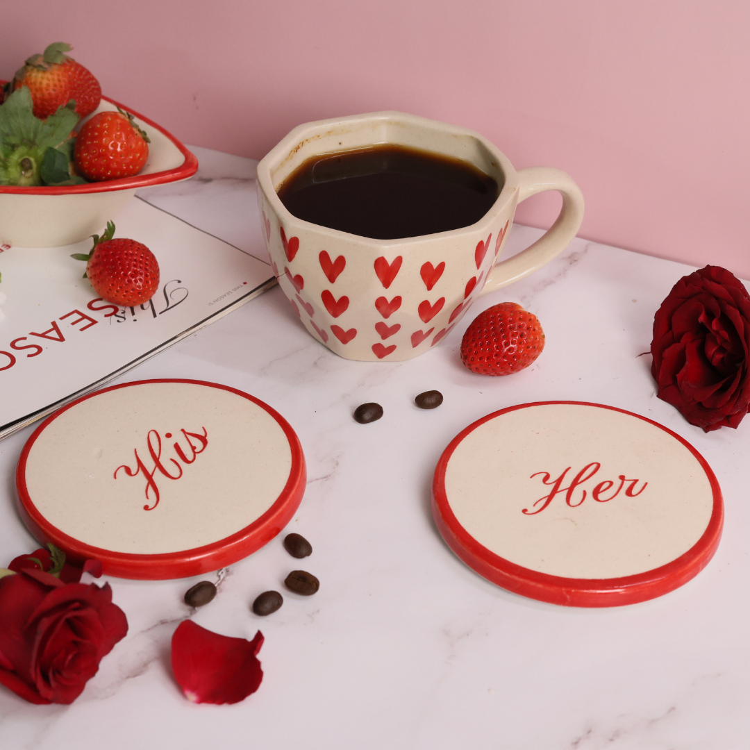heart mug & his coaster made by pure ceramic 
