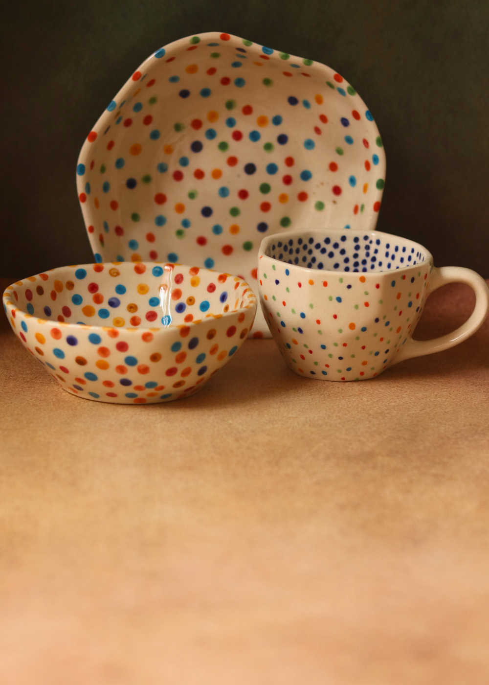 Ceramic polka coffee mug & bowls for breakfast