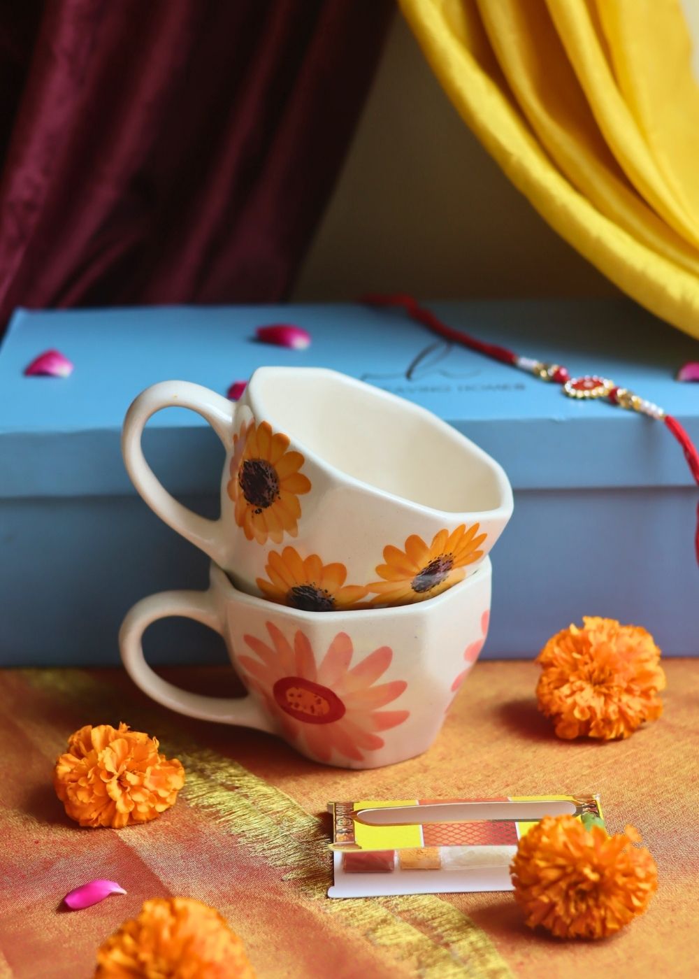 Surajmukhi & Flower Mug Rakhi Gift Box made by ceramic