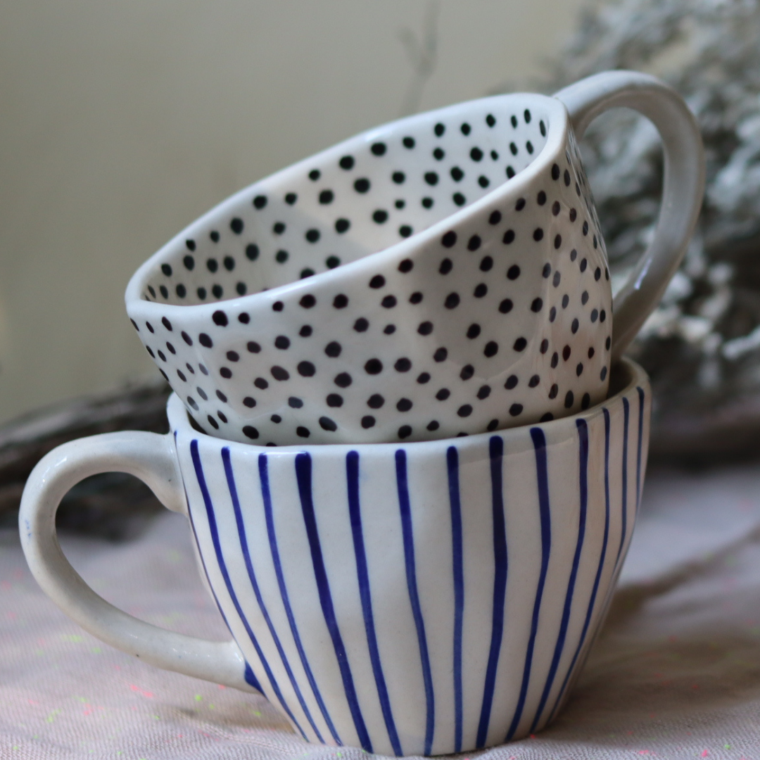 Blue lined & black polka coffee mugs