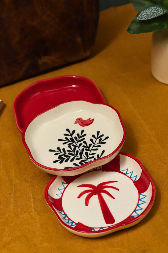 Birdie, Red & Palm Handmade Dessert Plate - Set of 3 with premium quality material