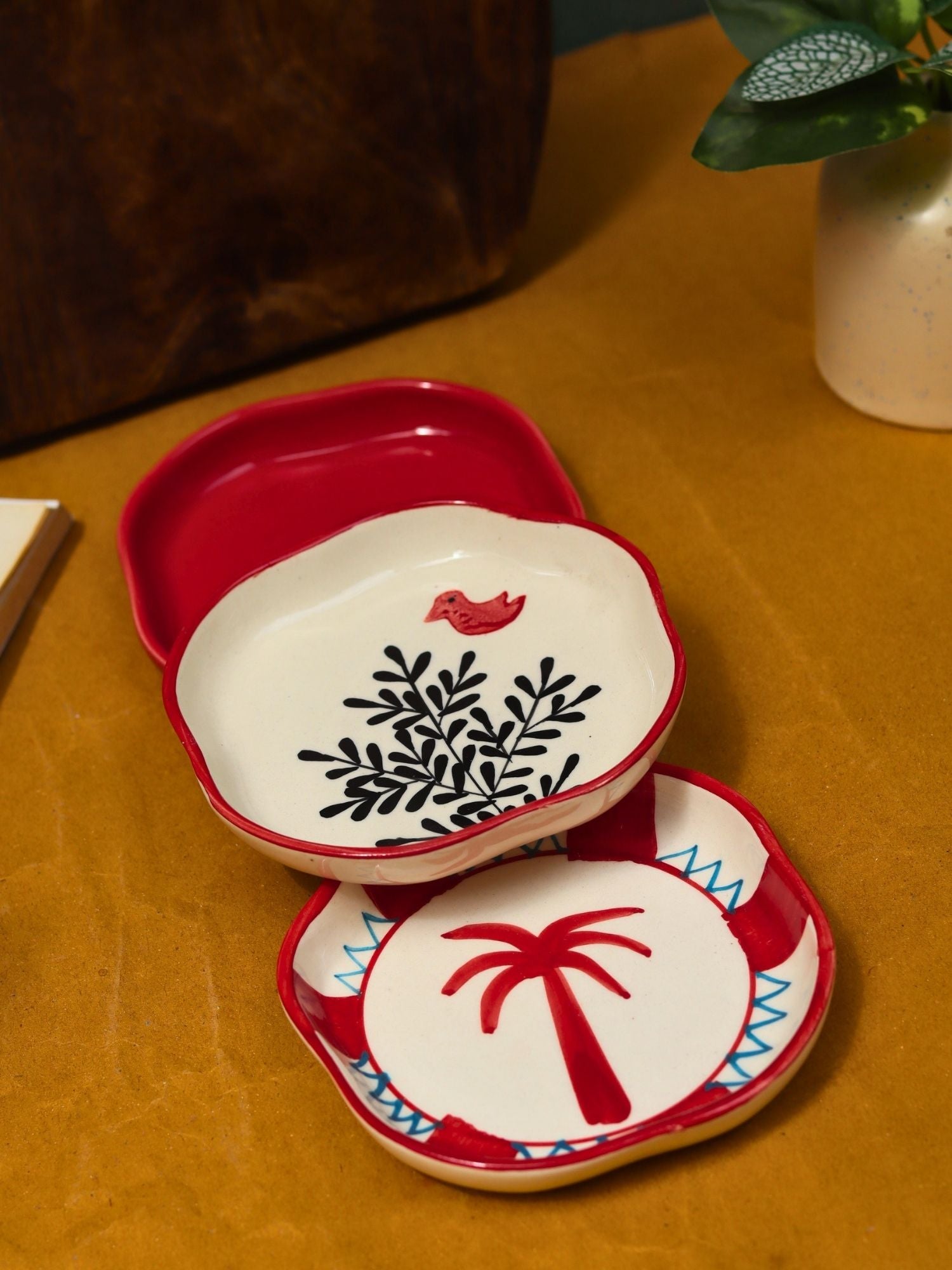 Birdie, Red & Palm Handmade Dessert Plate - Set of 3 with premium quality material
