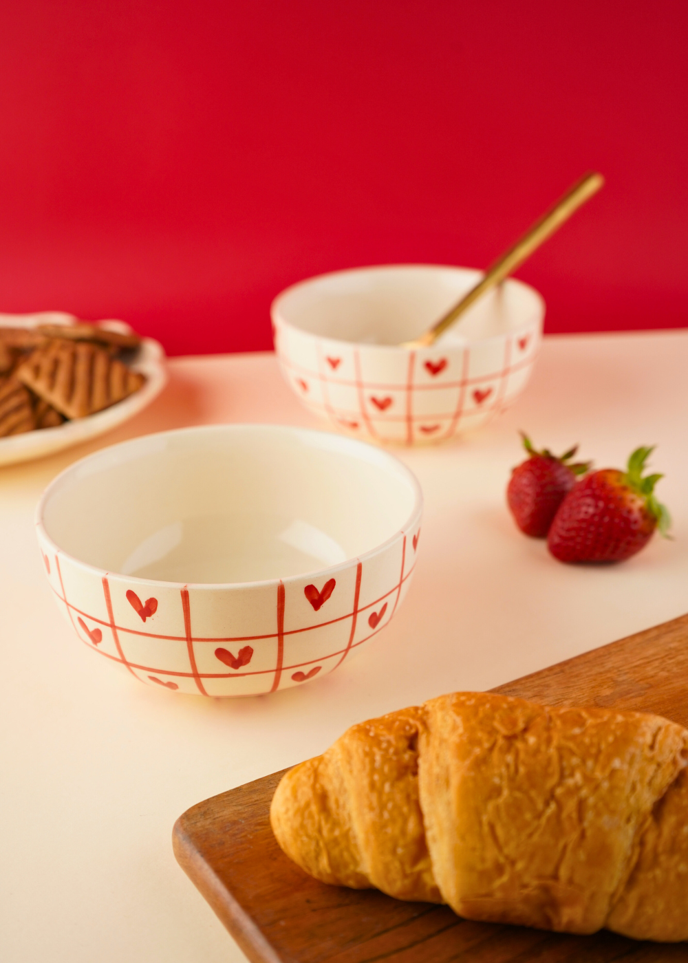 handmade red chequered heart bowl with little hearts 