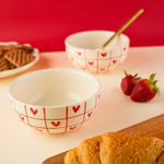 handmade red chequered heart bowl with little hearts 