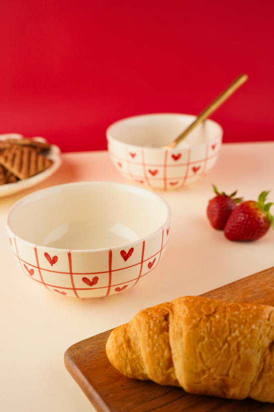 handmade red chequered heart bowl with little hearts 