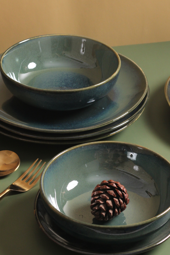 handmade metallic green dinner set 