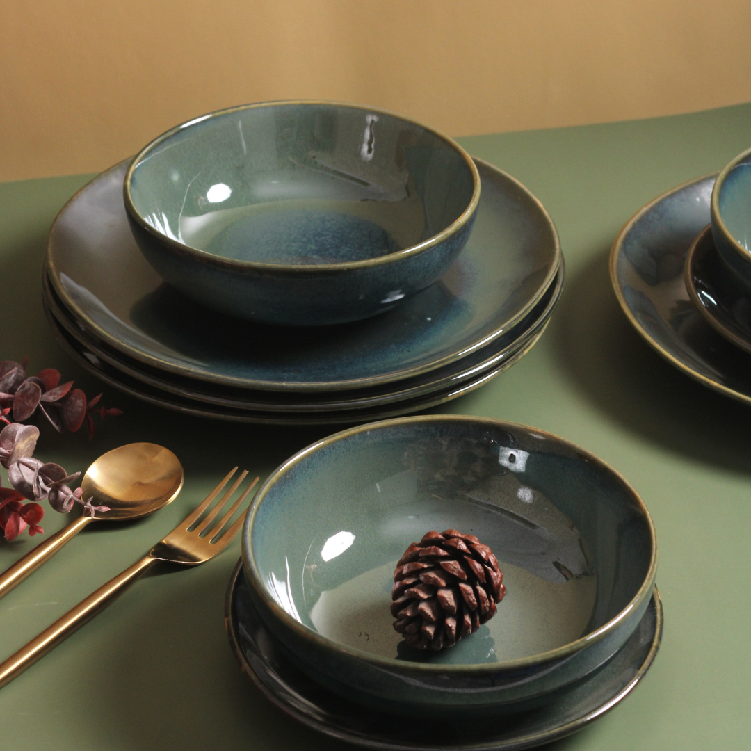 handmade metallic green dinner set 