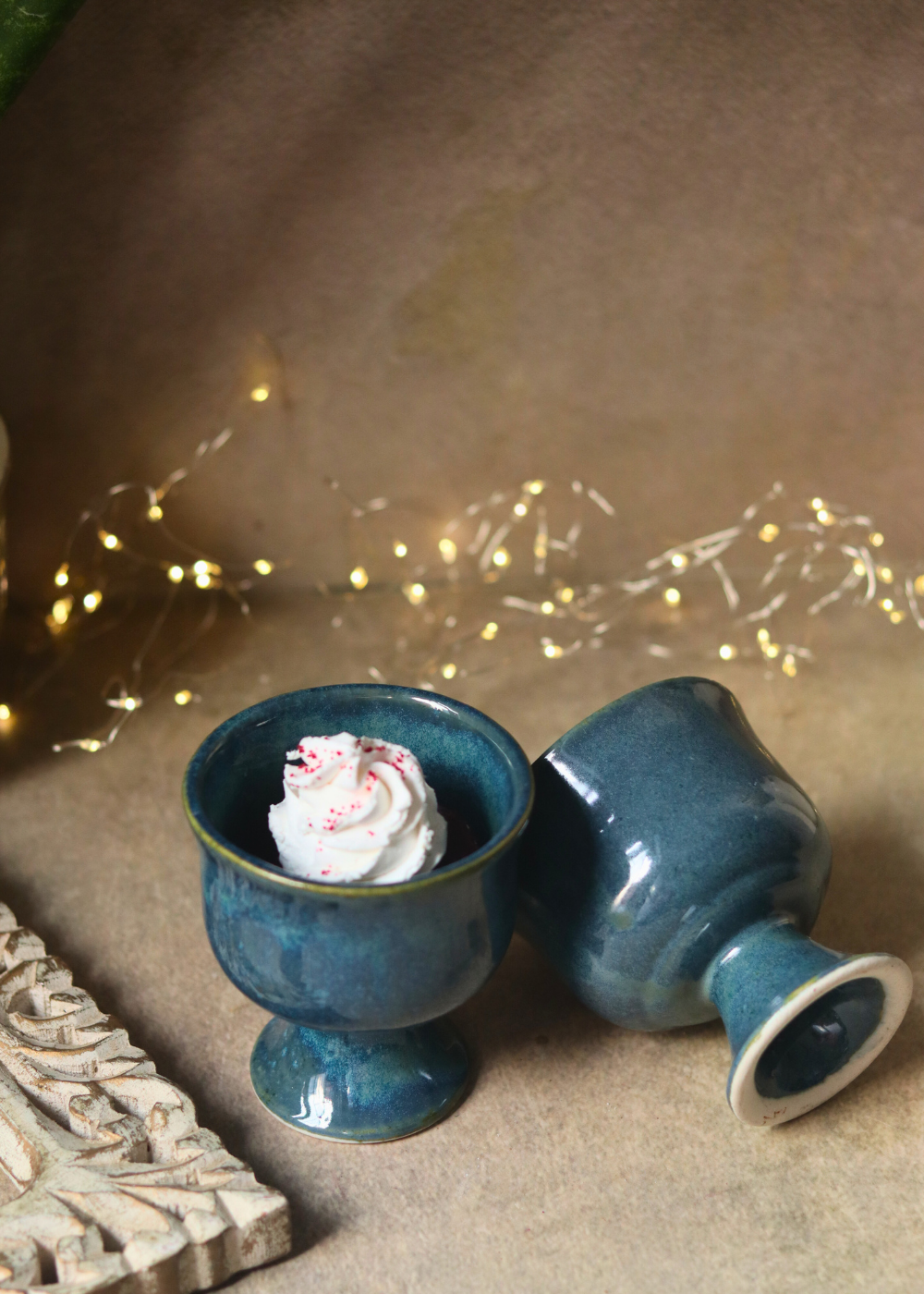 blue ice cream goblet with delicious dessert