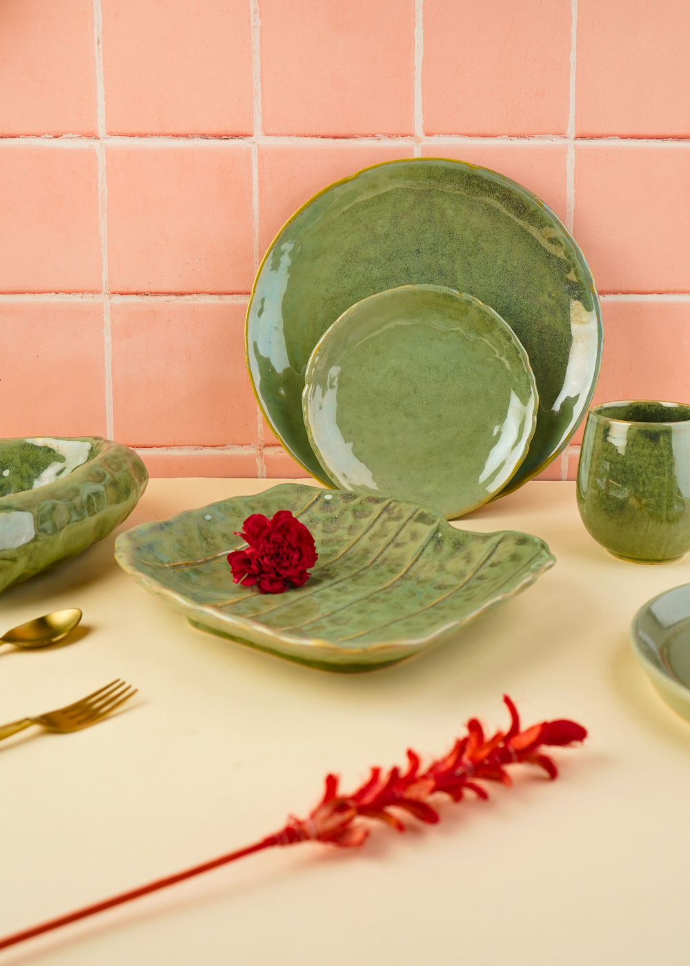 pistachio stoneware dinner set with green color