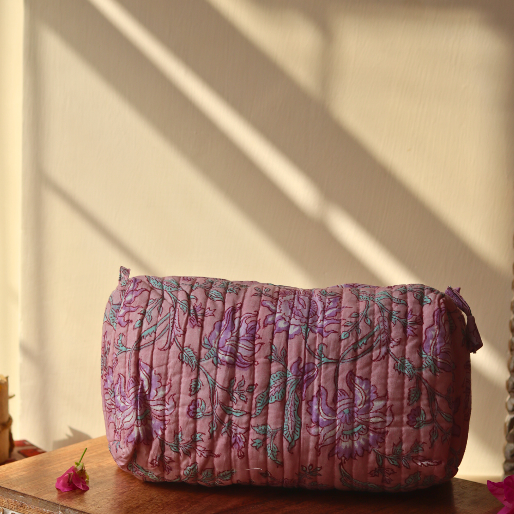 Block printed pink floral toiletry bag small size