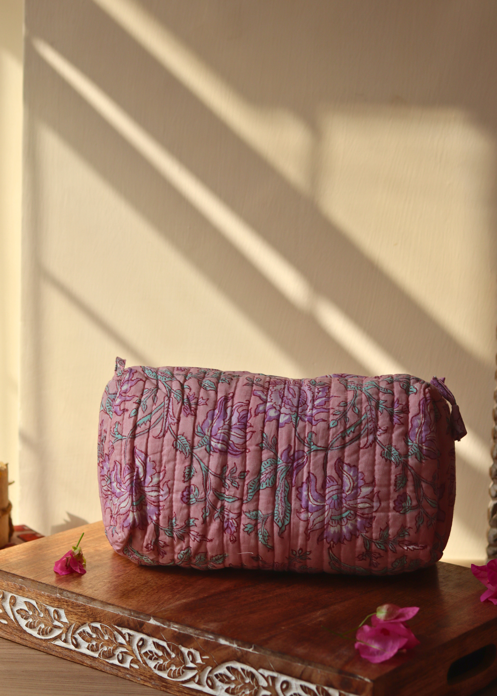 Block printed pink floral toiletry bag small size