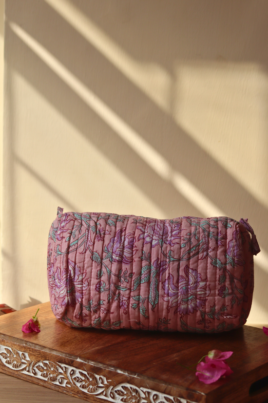 Block printed pink floral toiletry bag small size