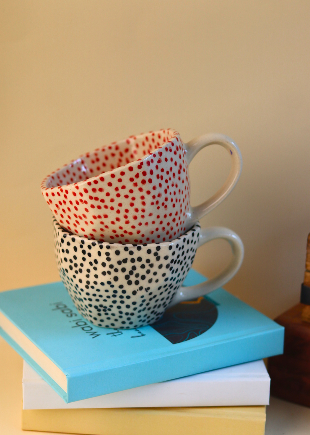 red & black polka mugs with red & black small polka design 