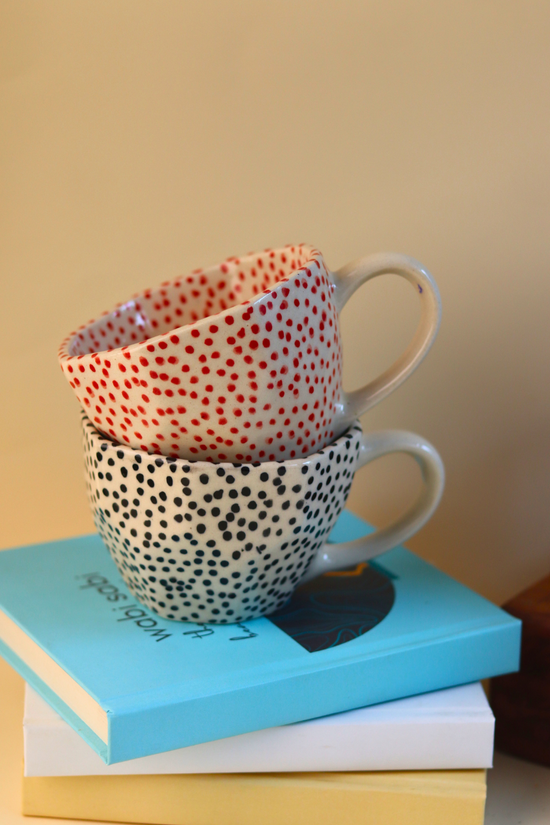 red & black polka mugs with red & black small polka design 