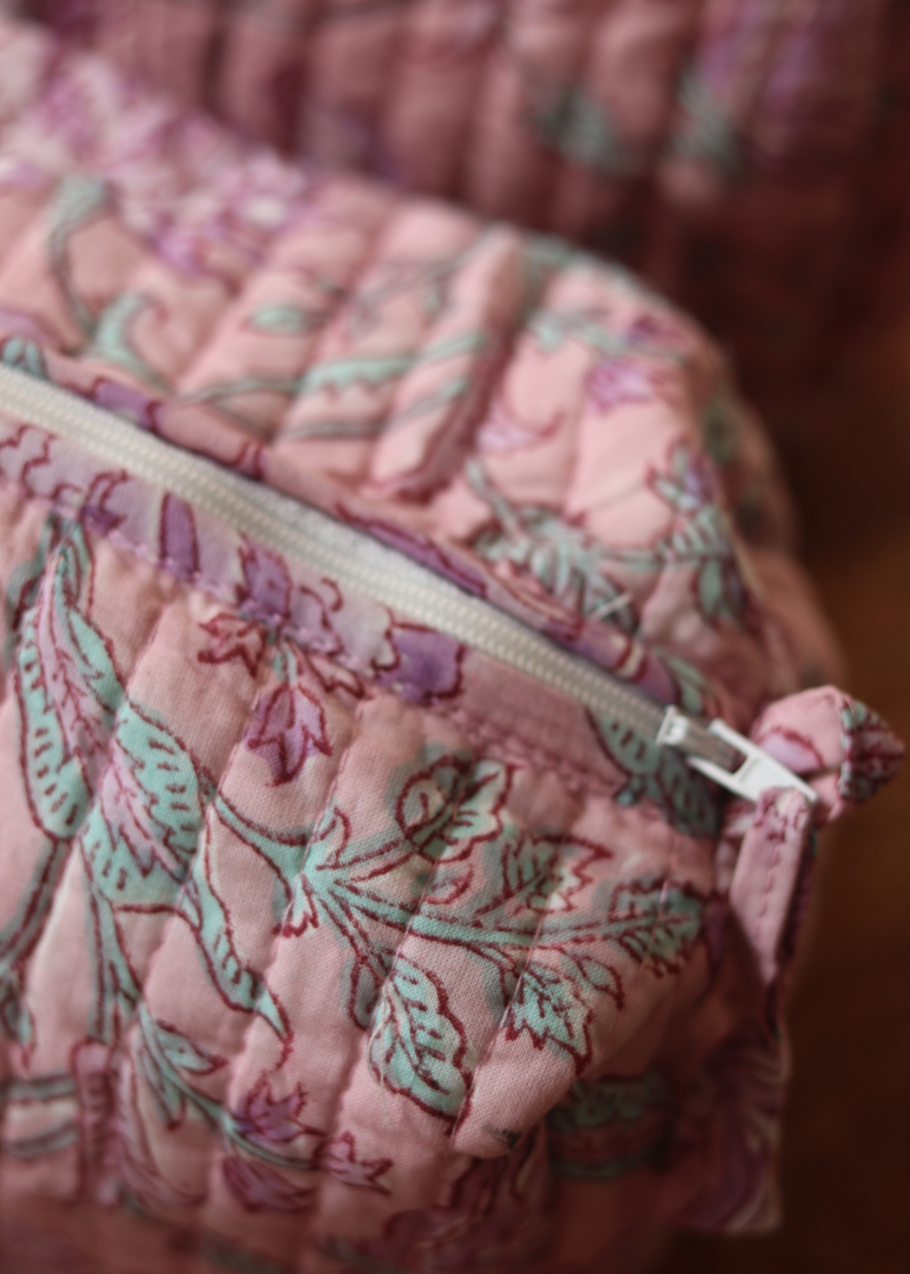 Block printed floral toiletry bag