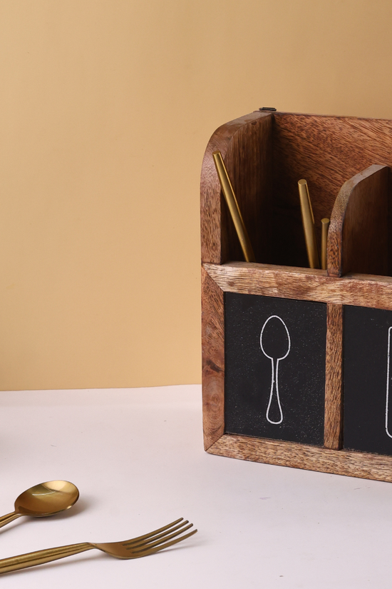 Handmade wooden cutlery holder with cutleries