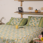 Block printed bedsheet with pillows