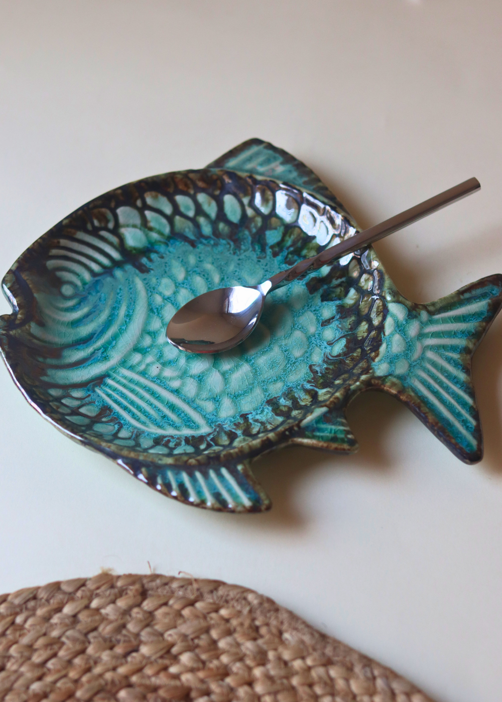 Stunning sea green fish platter with spoon